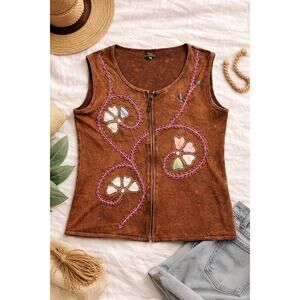 Rising International XXL Brown Embroidered Boho Western Zip Floral Vest indie